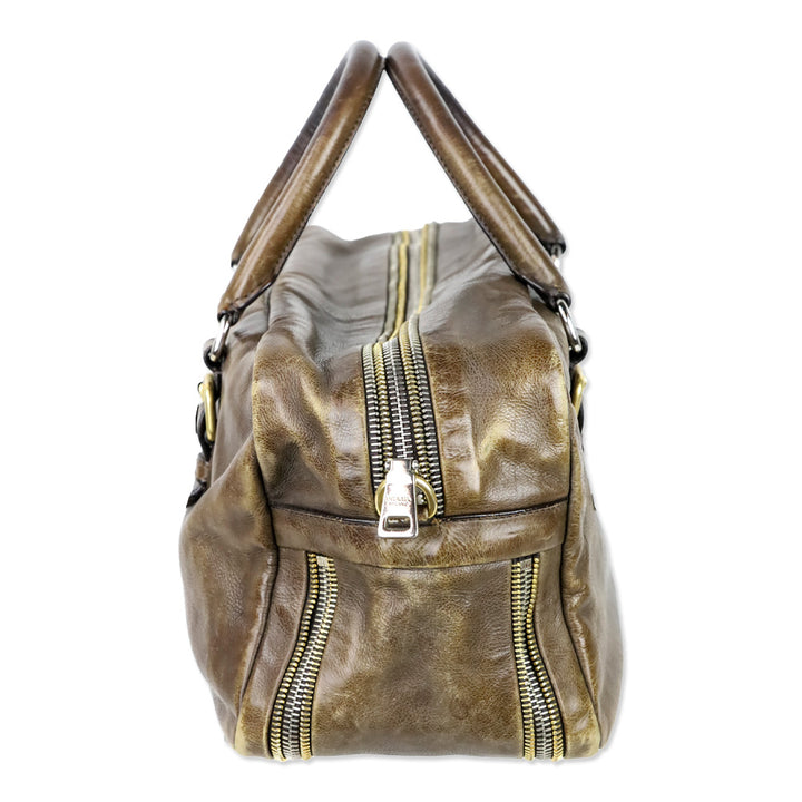 Prada Brown Leather Multi Zipper Bauletto Medium Satchel Bag