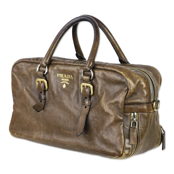 Prada Brown Leather Multi Zipper Bauletto Medium Satchel Bag