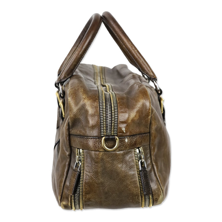 Prada Brown Leather Multi Zipper Bauletto Medium Satchel Bag