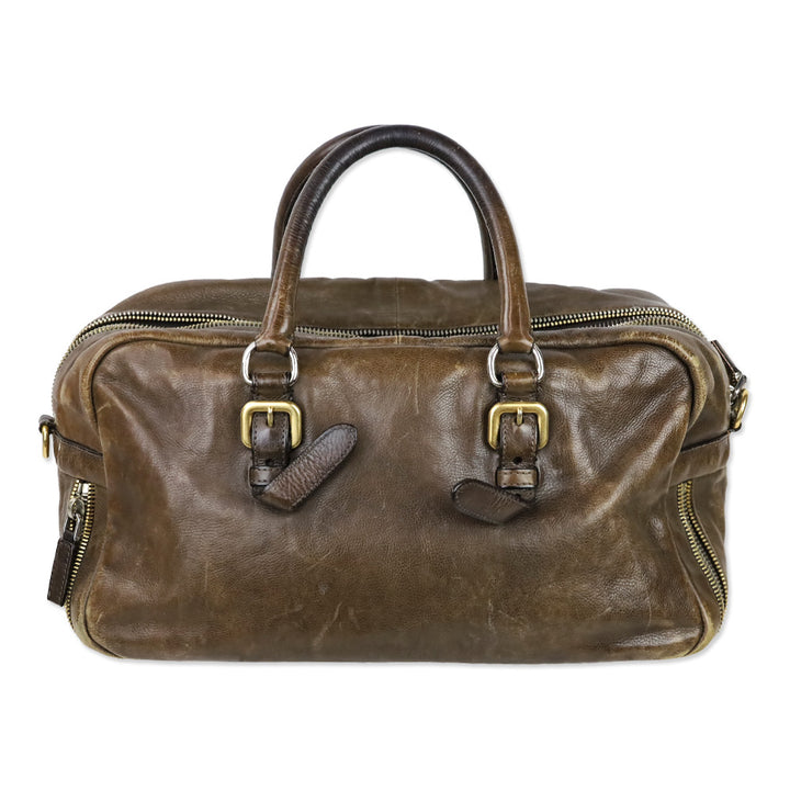 Prada Brown Leather Multi Zipper Bauletto Medium Satchel Bag