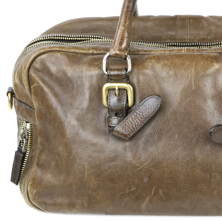 Prada Brown Leather Multi Zipper Bauletto Medium Satchel Bag