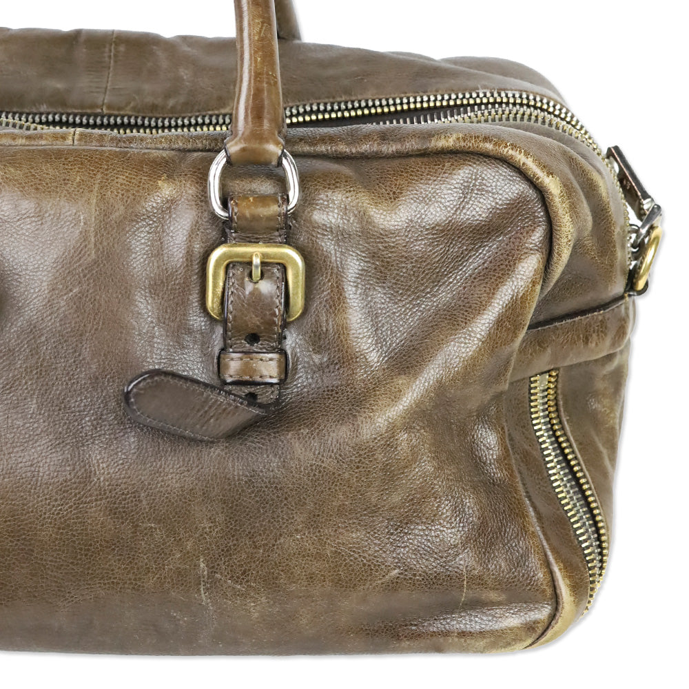 Prada Brown Leather Multi Zipper Bauletto Medium Satchel Bag