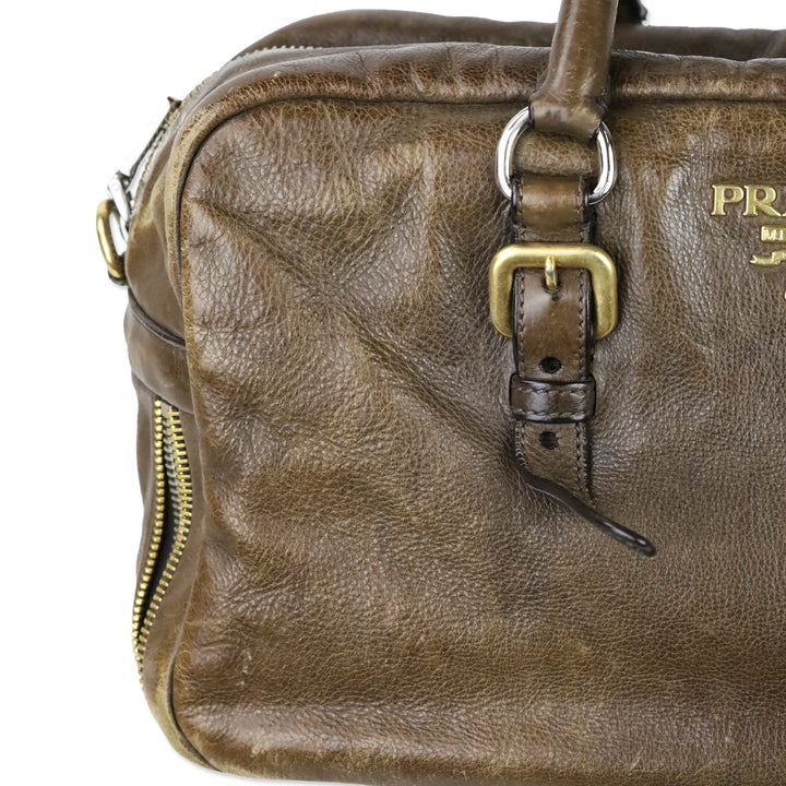 Prada Brown Leather Multi Zipper Bauletto Medium Satchel Bag