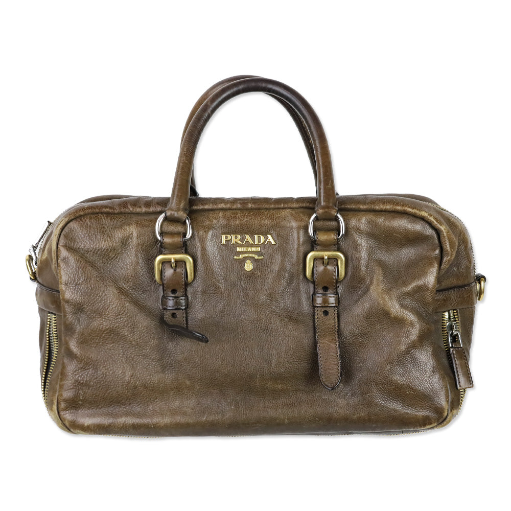 Prada Brown Leather Multi Zipper Bauletto Medium Satchel Bag