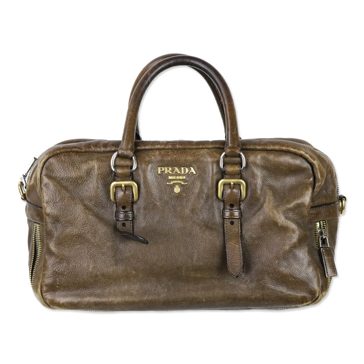Prada Brown Leather Multi Zipper Bauletto Medium Satchel Bag