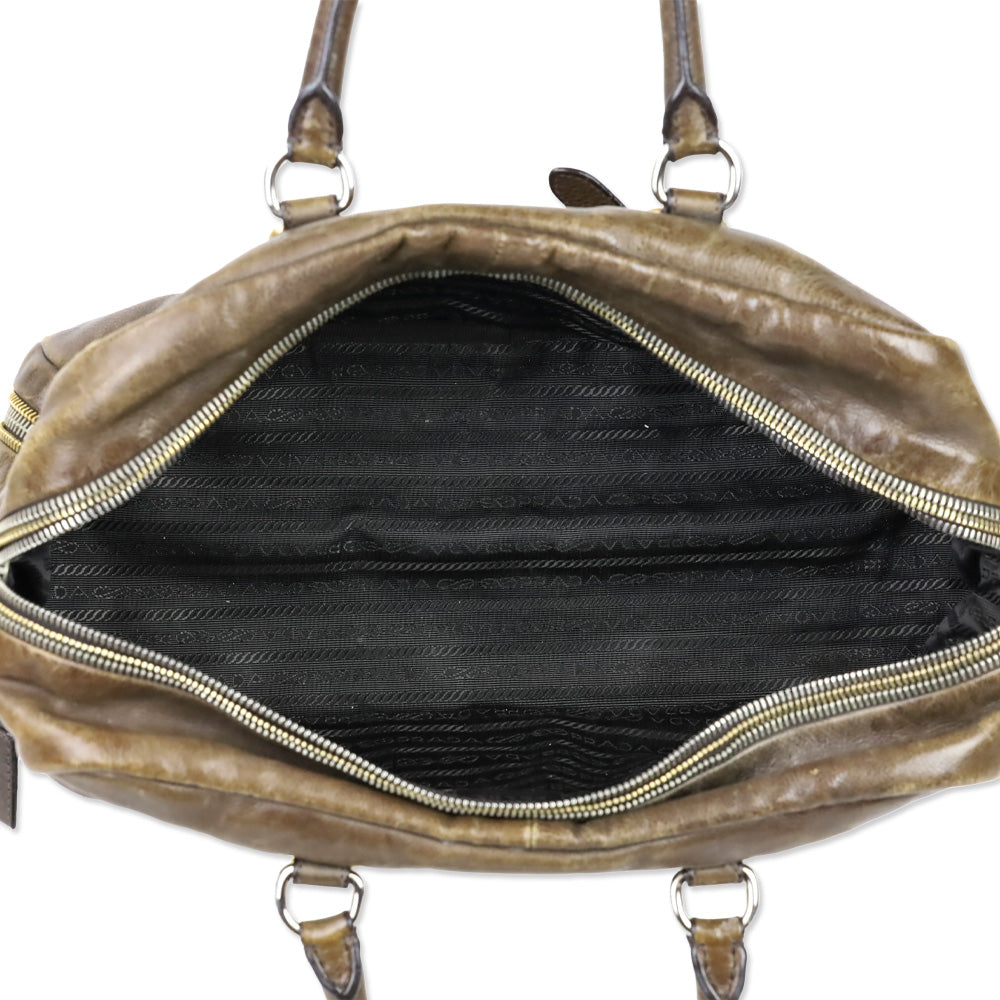 Prada Brown Leather Multi Zipper Bauletto Medium Satchel Bag