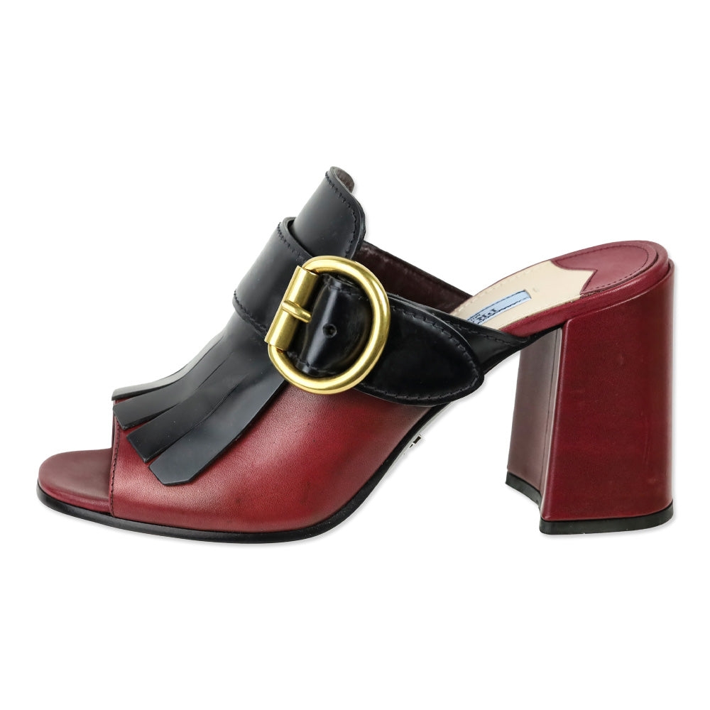 Prada Burgundy and Black Leather Kiltie Buckle Mule Sandal