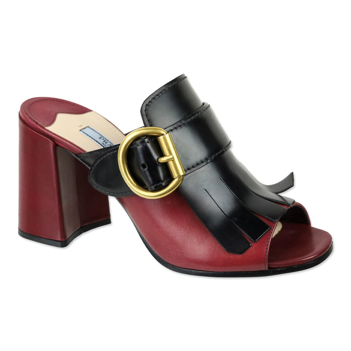 Prada Burgundy and Black Leather Kiltie Buckle Mule Sandal