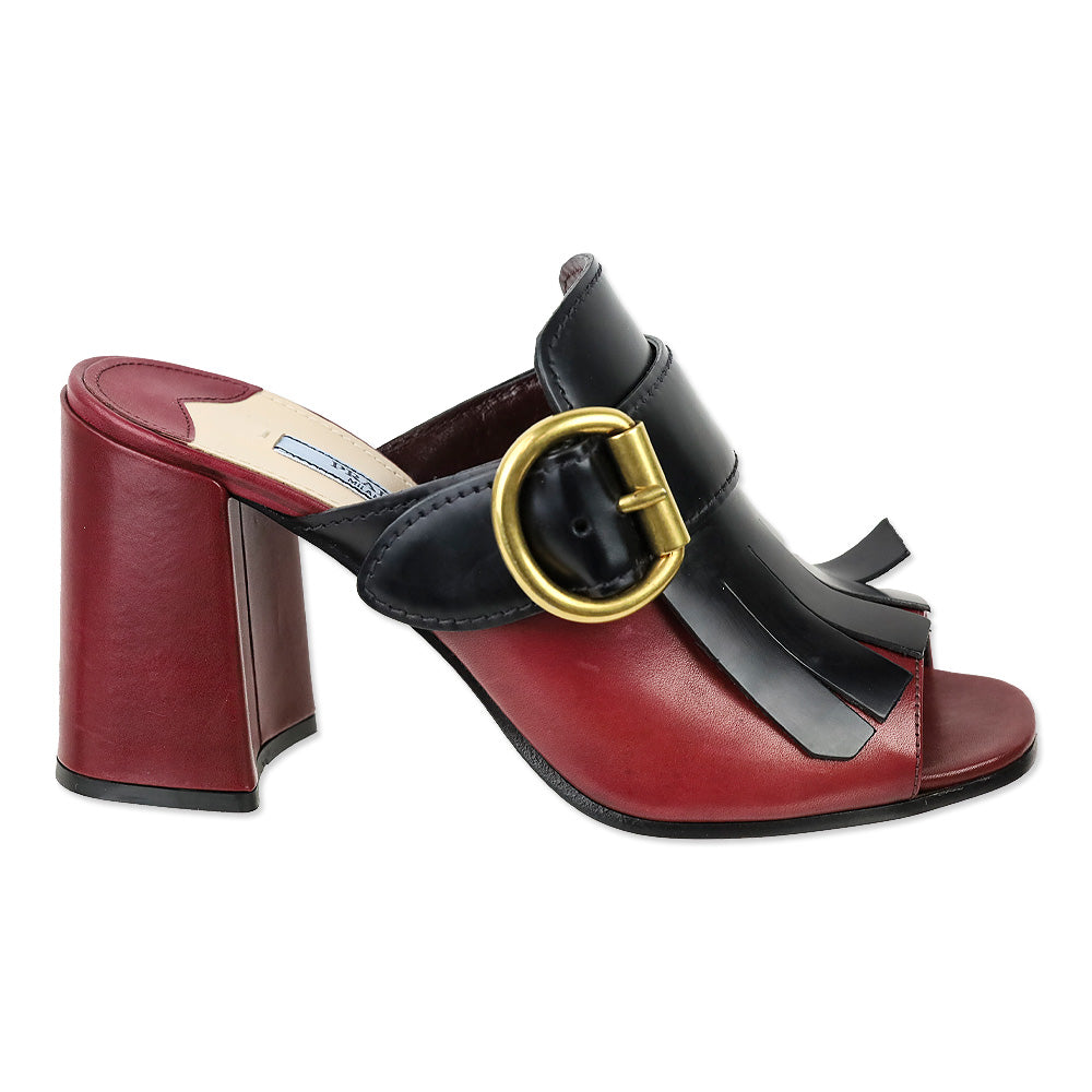 Prada Burgundy and Black Leather Kiltie Buckle Mule Sandal
