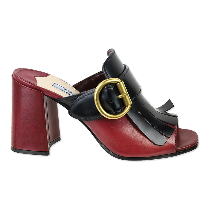 Prada Burgundy and Black Leather Kiltie Buckle Mule Sandal