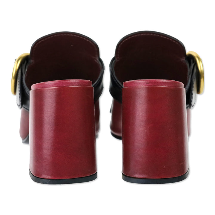 Prada Burgundy and Black Leather Kiltie Buckle Mule Sandal