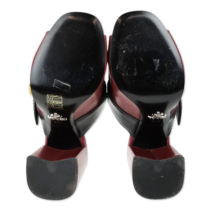 Prada Burgundy and Black Leather Kiltie Buckle Mule Sandal