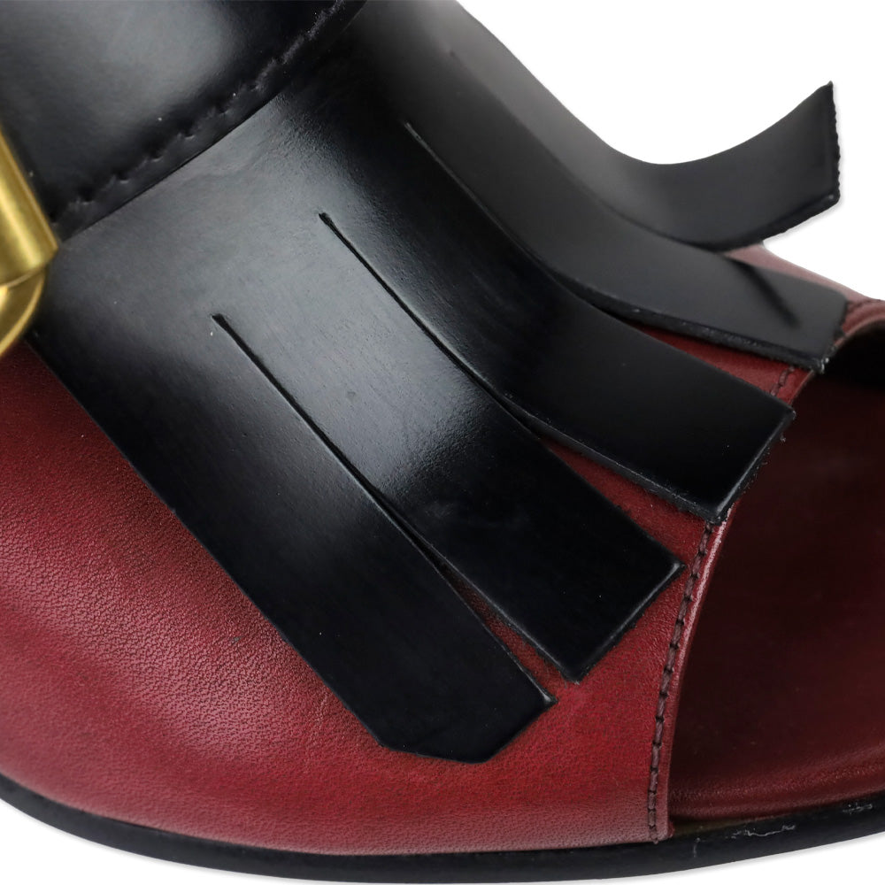 Prada Burgundy and Black Leather Kiltie Buckle Mule Sandal