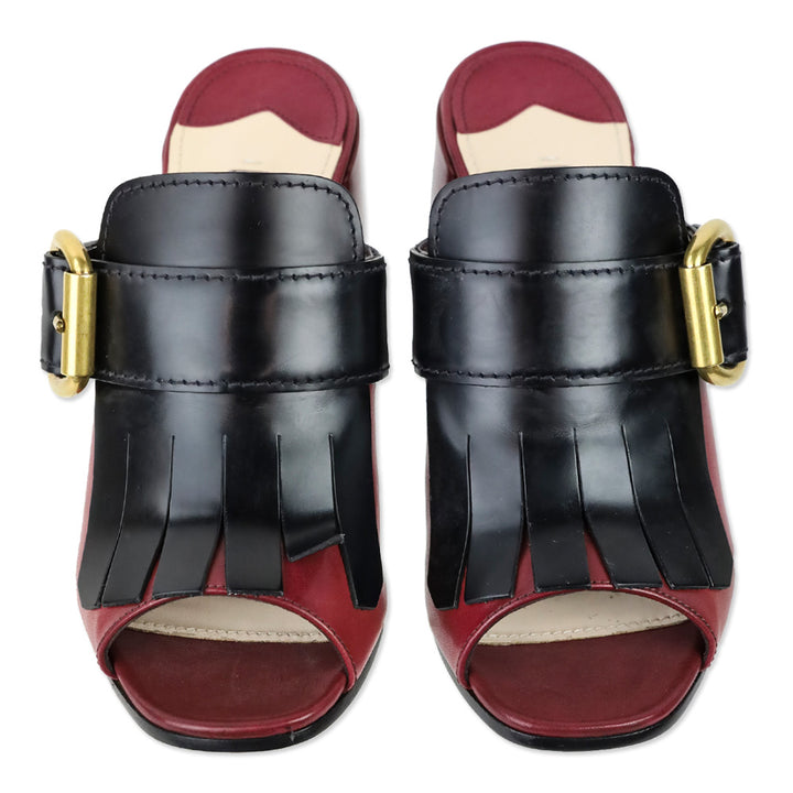 Prada Burgundy and Black Leather Kiltie Buckle Mule Sandal
