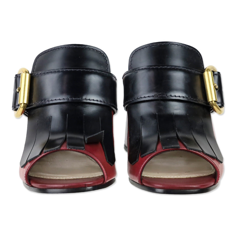 Prada Burgundy and Black Leather Kiltie Buckle Mule Sandal