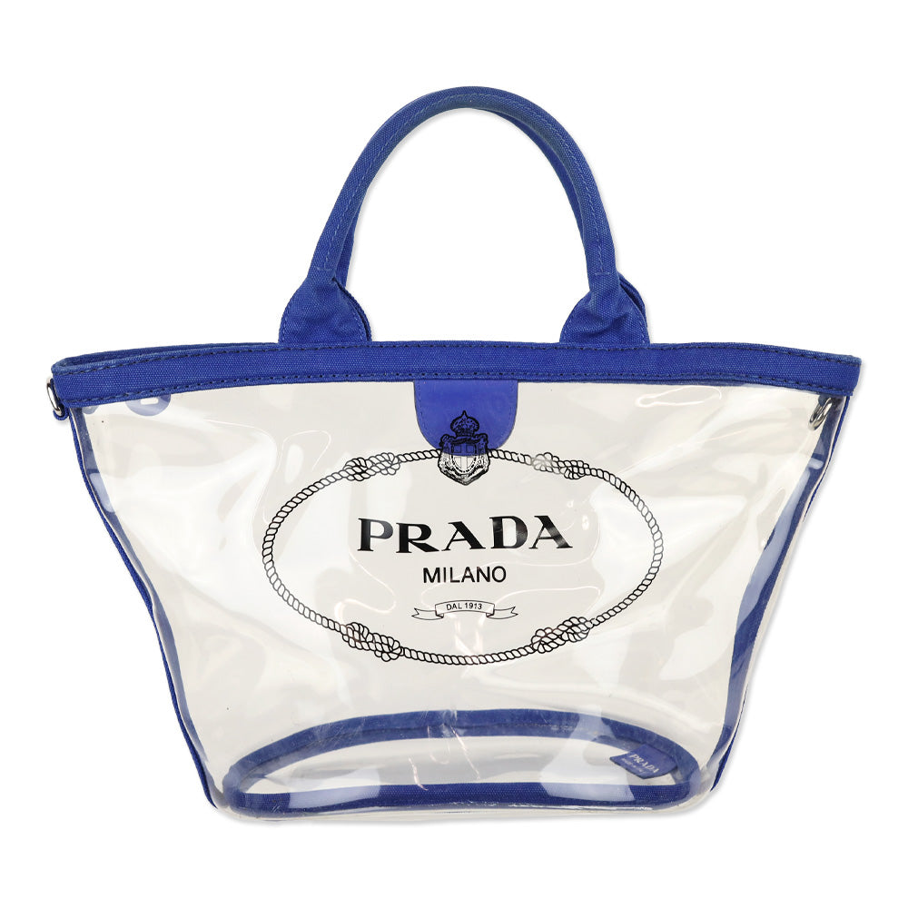 Prada Cobalt Blue Canvas/PVC Plastic Logo Tote Bag