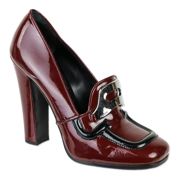 Prada Fall 2010 Oxblood/Black Patent Leather Square Toe Silver Penny Loafer Pumps