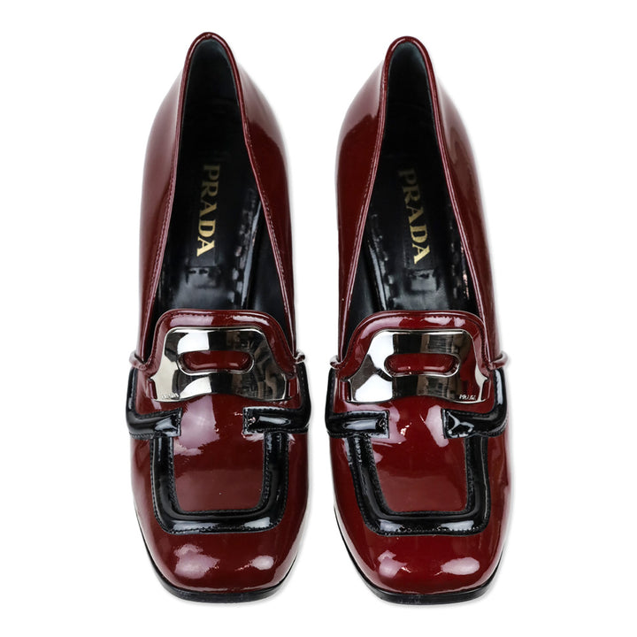 Prada Fall 2010 Oxblood/Black Patent Leather Square Toe Silver Penny Loafer Pumps