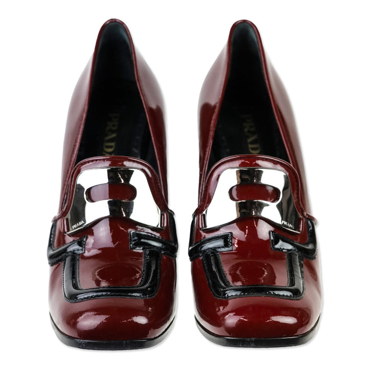 Prada Fall 2010 Oxblood/Black Patent Leather Square Toe Silver Penny Loafer Pumps