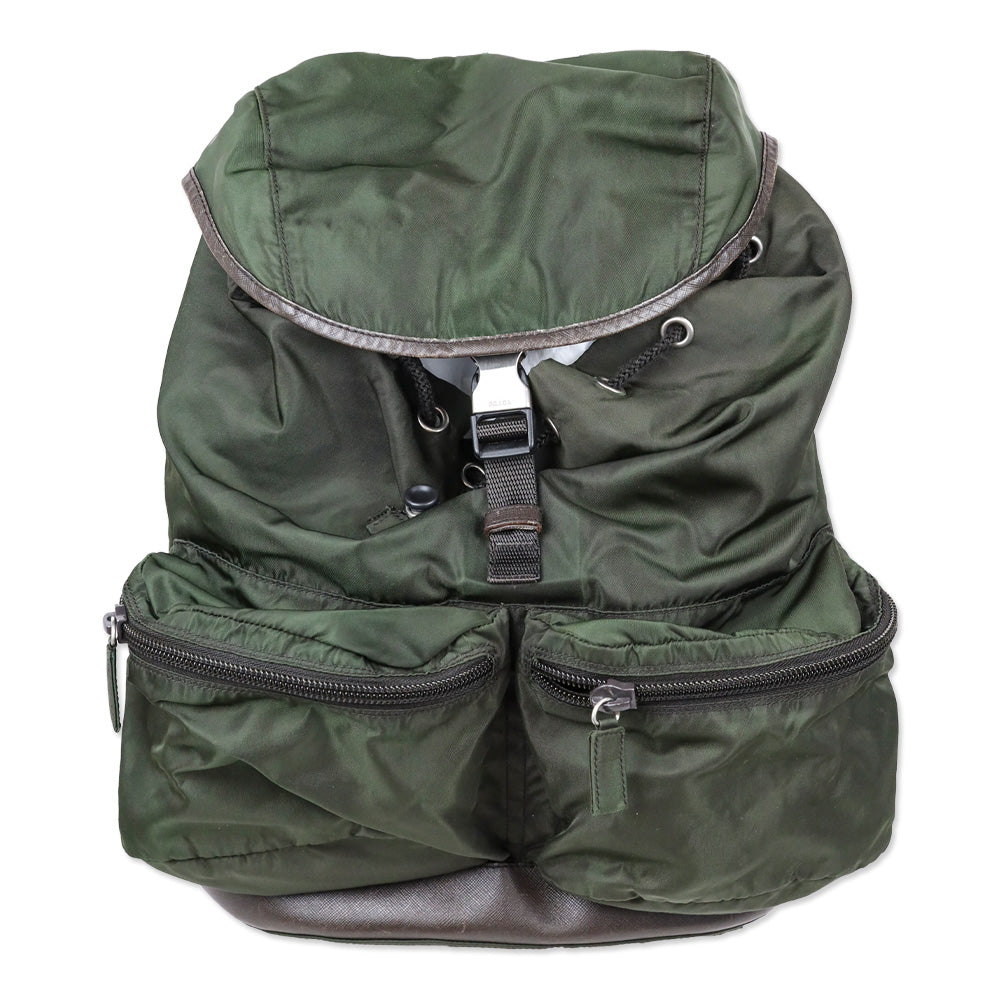 Prada Green Nylon Double Pocket Drawstring Backpack DBLTKE