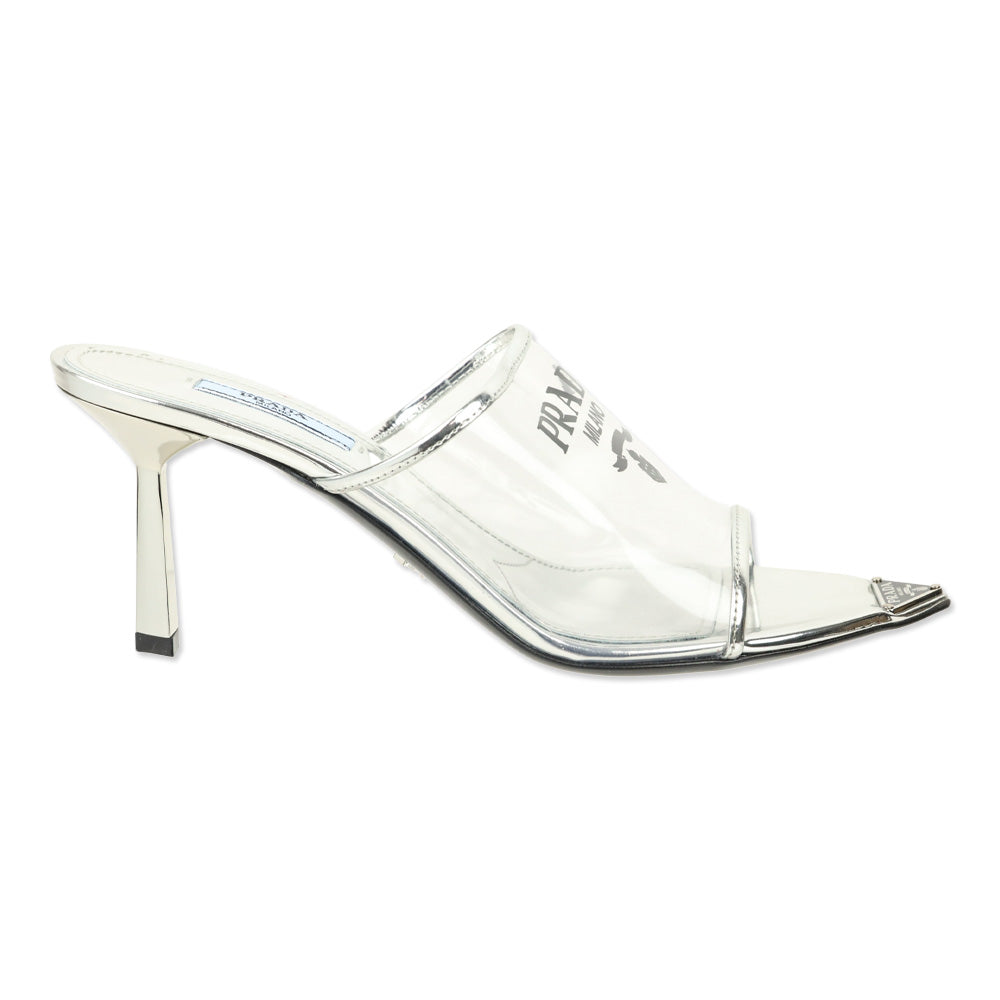 Prada Plexiglass Logo Metallic Argento Calfskin Metal 75mm Slide Sandals