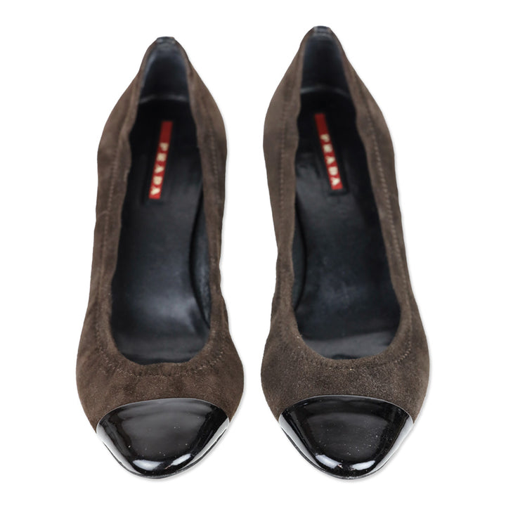 Prada Sport Brown Suede Patent Cap Toe Kitten Heel Pumps