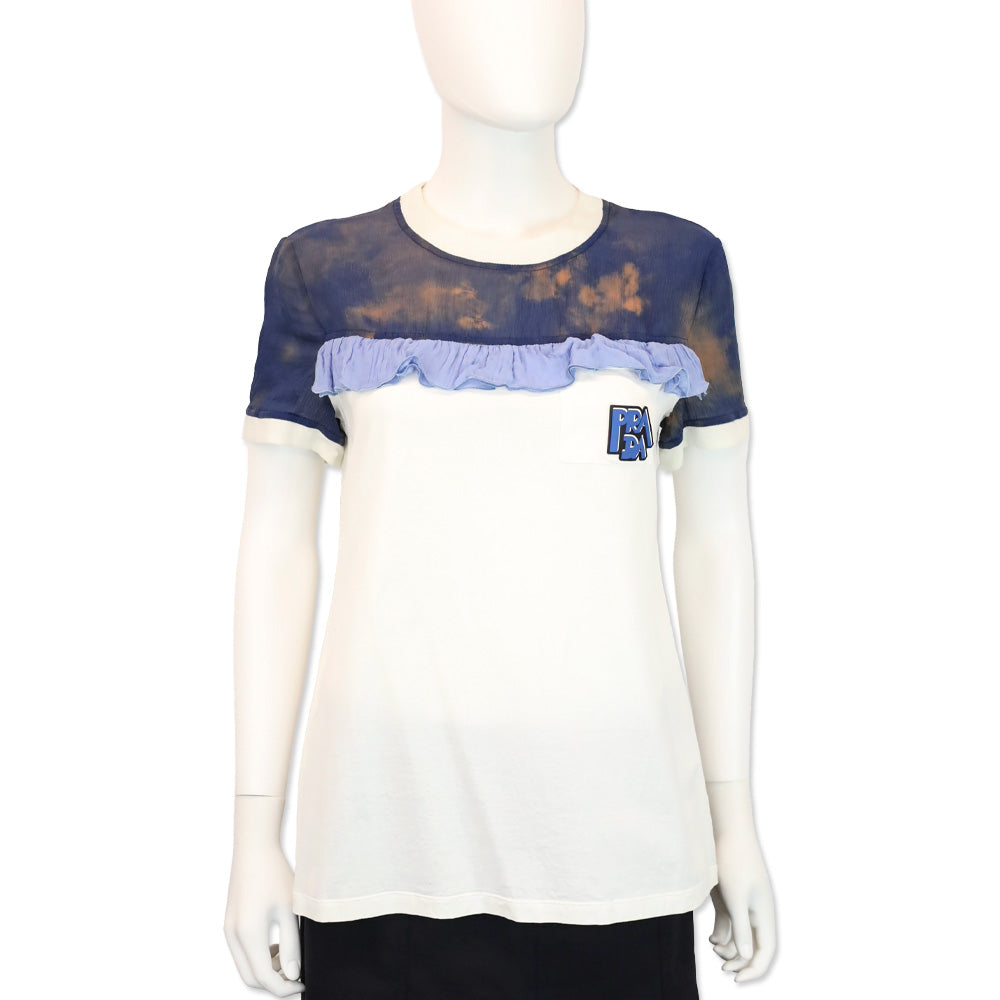 Prada White Cotton/Blue Chiffon Ruffle Trim T-Shirt