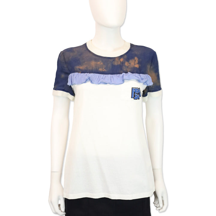 Prada White Cotton/Blue Chiffon Ruffle Trim T-Shirt