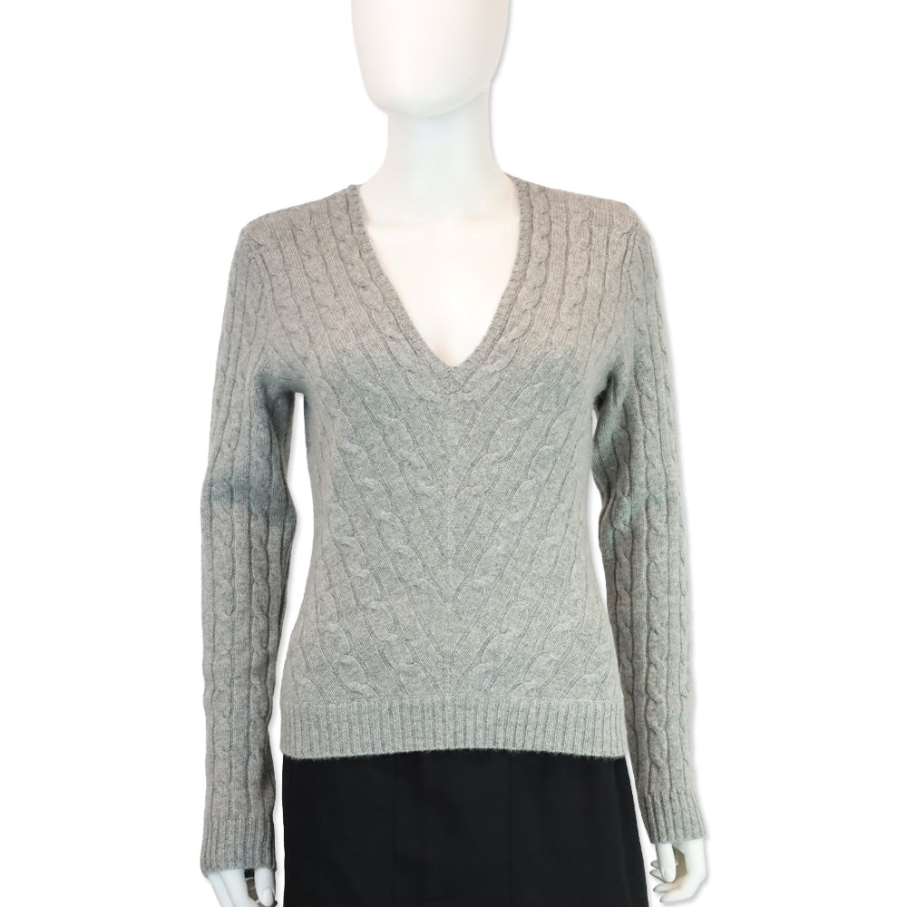 Ralph Lauren Balck Label Grey Cashmere Cable Knit V-Neck Sweater