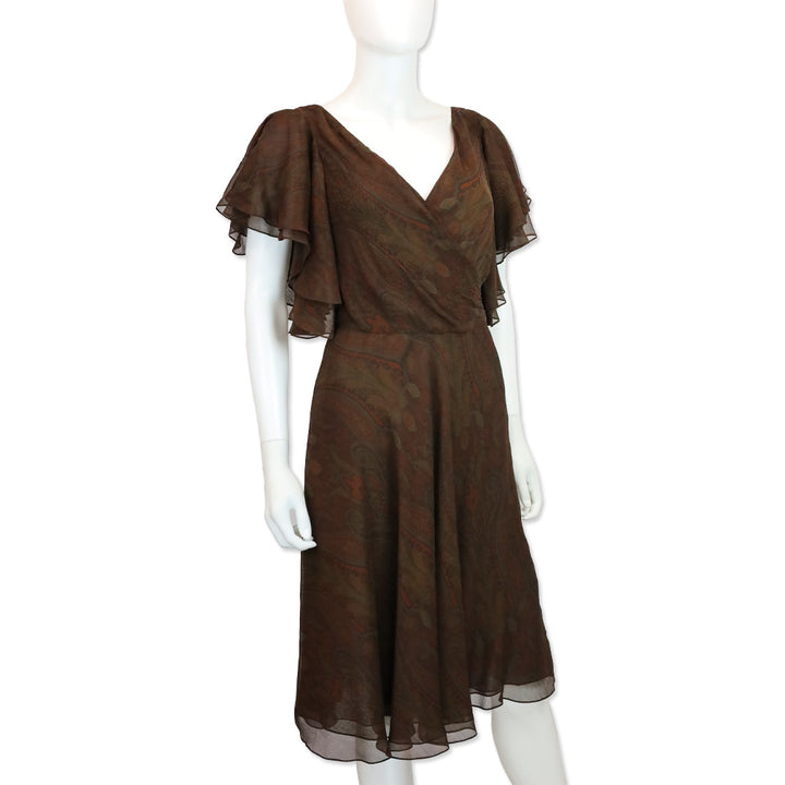 Ralph Lauren Black Label Brown Paisley Silk Chiffon V-Neck Flutter Sleeve Midi Dress