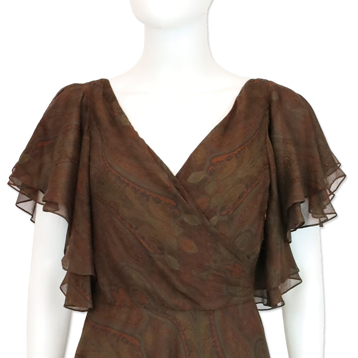 Ralph Lauren Black Label Brown Paisley Silk Chiffon V-Neck Flutter Sleeve Midi Dress