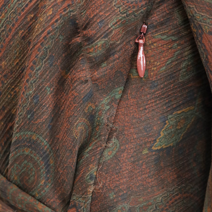 Ralph Lauren Black Label Brown Paisley Silk Chiffon V-Neck Flutter Sleeve Midi Dress