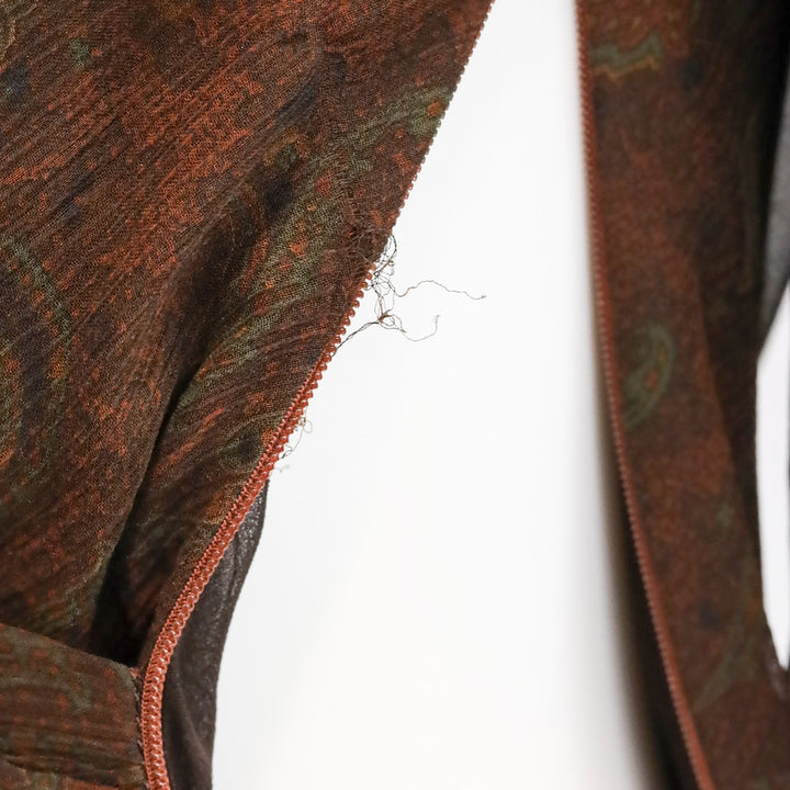 Ralph Lauren Black Label Brown Paisley Silk Chiffon V-Neck Flutter Sleeve Midi Dress