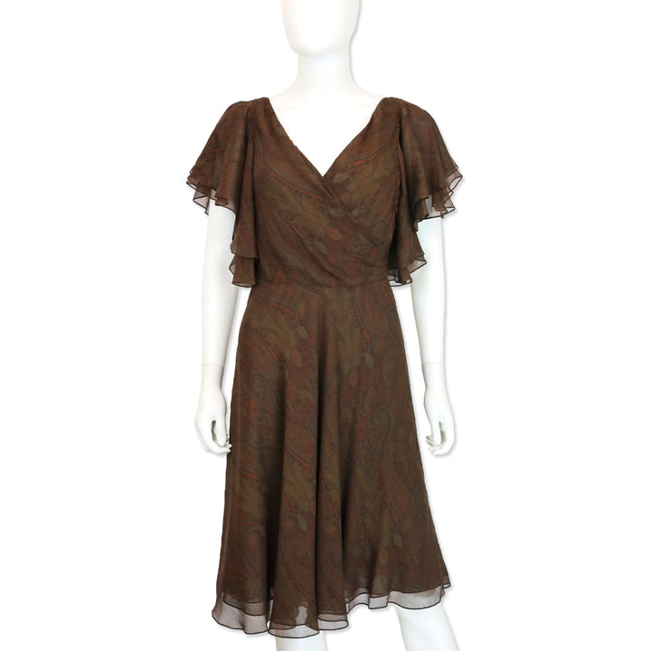 Ralph Lauren Black Label Brown Paisley Silk Chiffon V-Neck Flutter Sleeve Midi Dress