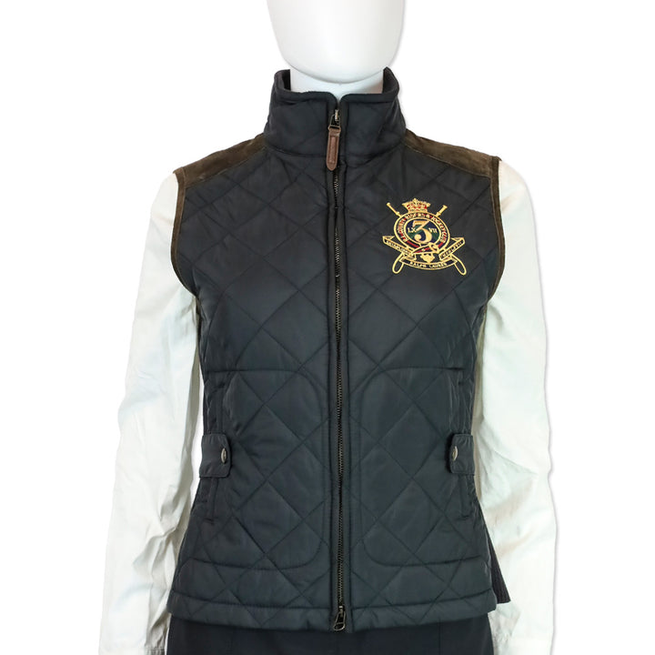 Ralph Lauren Sport Black Quilted Nylon and Brown Suede Trim Zip-up Vest