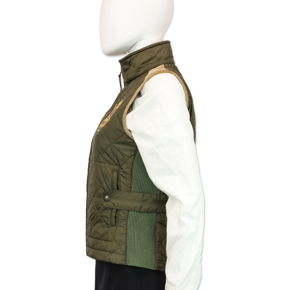Ralph Lauren Sport Olive Quilted Nylon and Tan Suede Trim Zip-up Vest