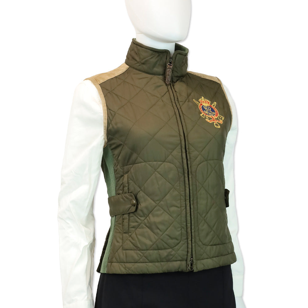 Ralph Lauren Sport Olive Quilted Nylon and Tan Suede Trim Zip-up Vest