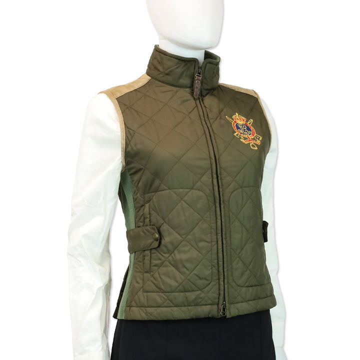 Ralph Lauren Sport Olive Quilted Nylon and Tan Suede Trim Zip-up Vest