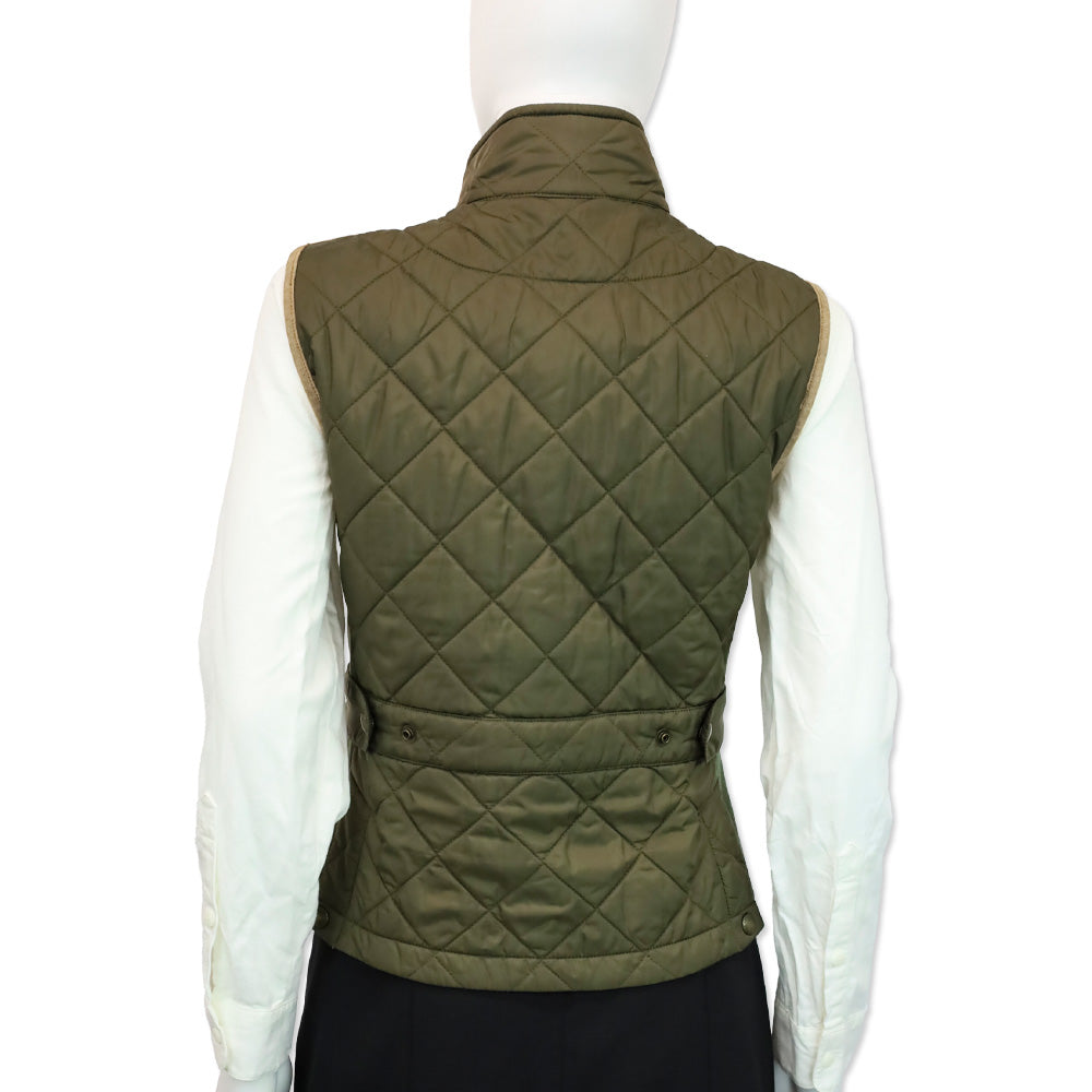 Ralph Lauren Sport Olive Quilted Nylon and Tan Suede Trim Zip-up Vest