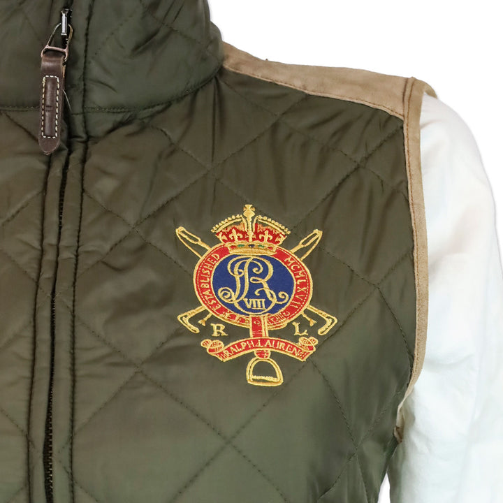 Ralph Lauren Sport Olive Quilted Nylon and Tan Suede Trim Zip-up Vest