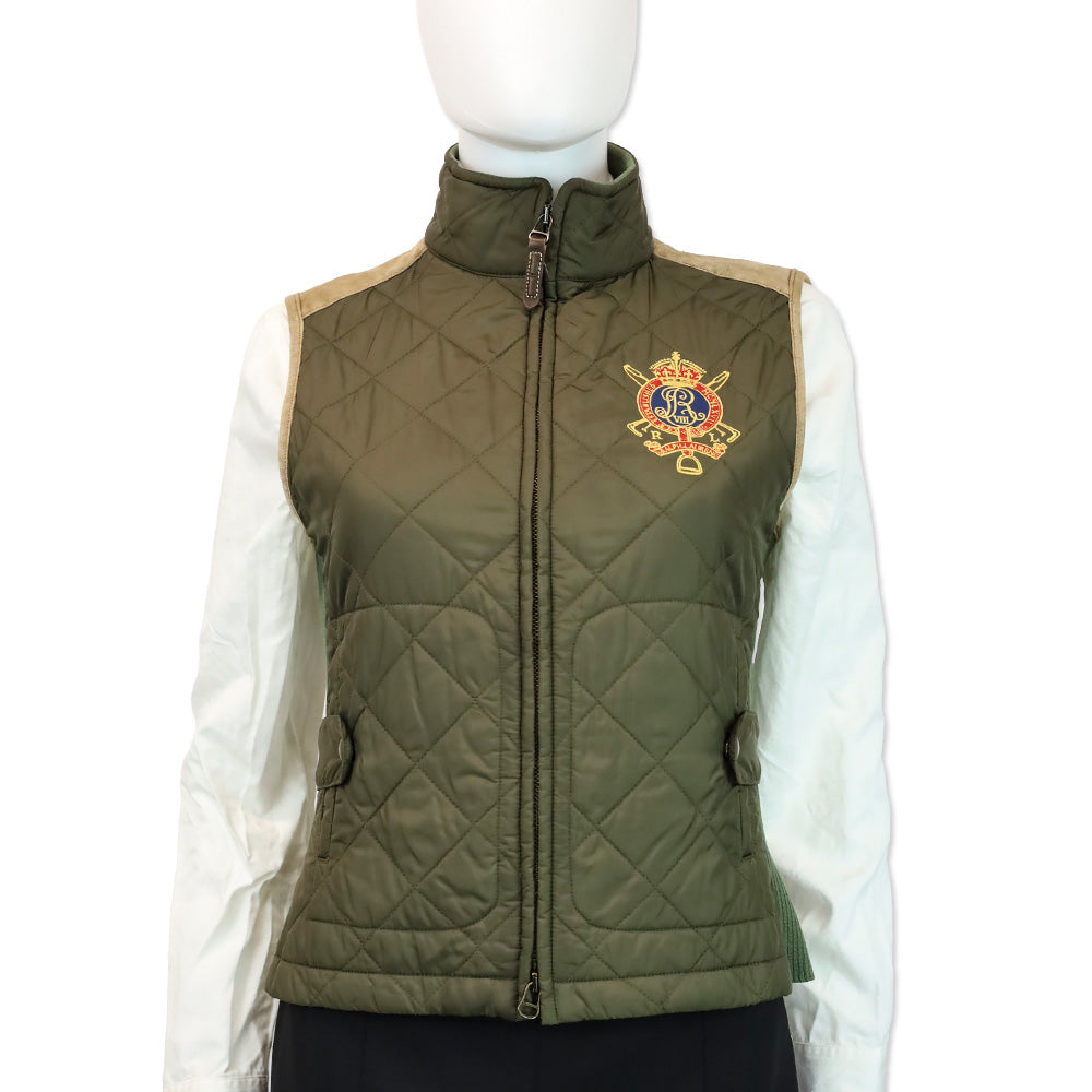 Ralph Lauren Sport Olive Quilted Nylon and Tan Suede Trim Zip-up Vest