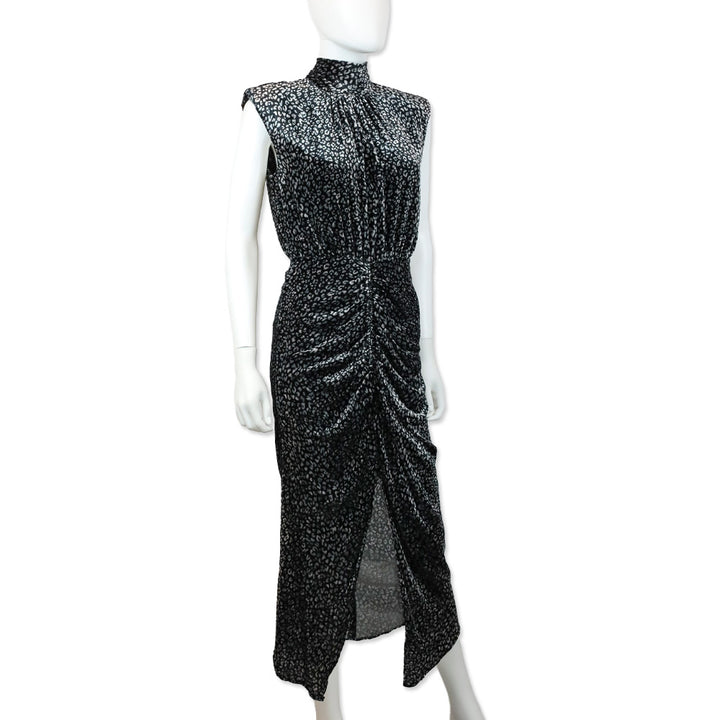 Ramy Brook Black Leopard-Print Crushed Velvet Ruched Midi Lennon Dress