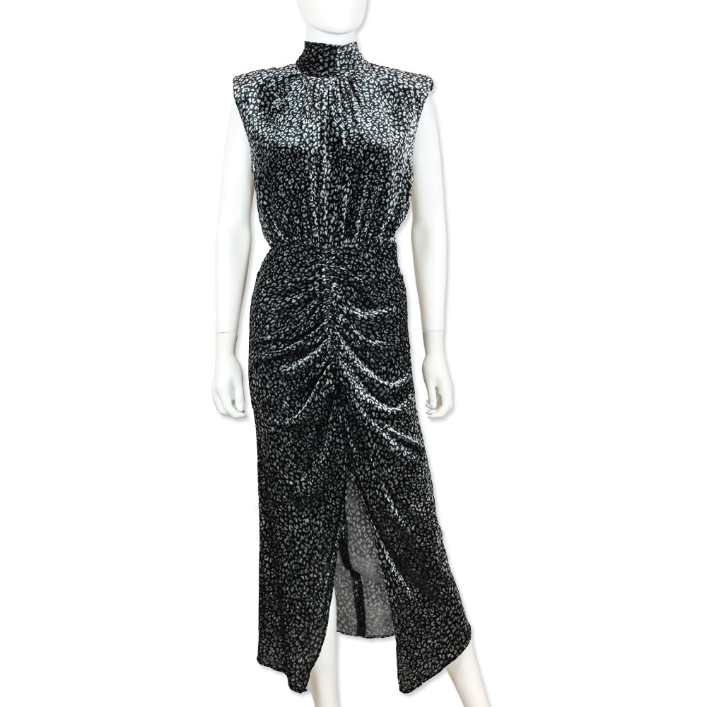 Ramy Brook Black Leopard-Print Crushed Velvet Ruched Midi Lennon Dress