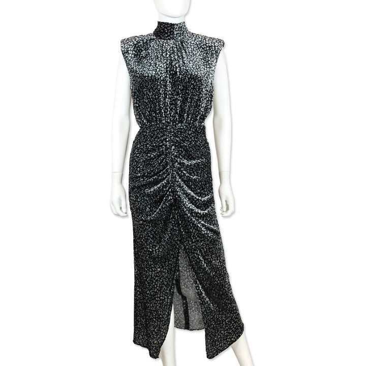 Ramy Brook Black Leopard-Print Crushed Velvet Ruched Midi Lennon Dress