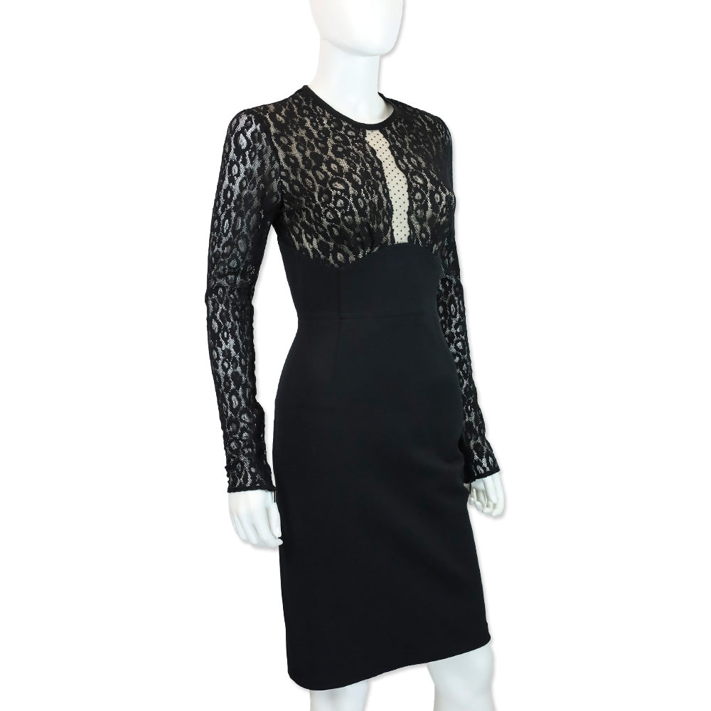 Roberto Cavalli Black Leopard-Print Lace Long Sleeve Midi Dress