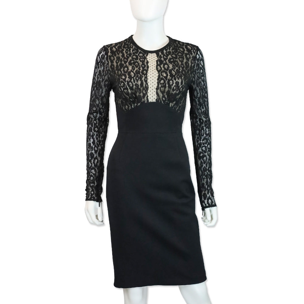 Roberto Cavalli Black Leopard-Print Lace Long Sleeve Midi Dress