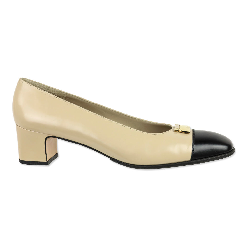 Salvatore Ferragamo Beige Leather Black Cap Toe Gold Accent Pumps