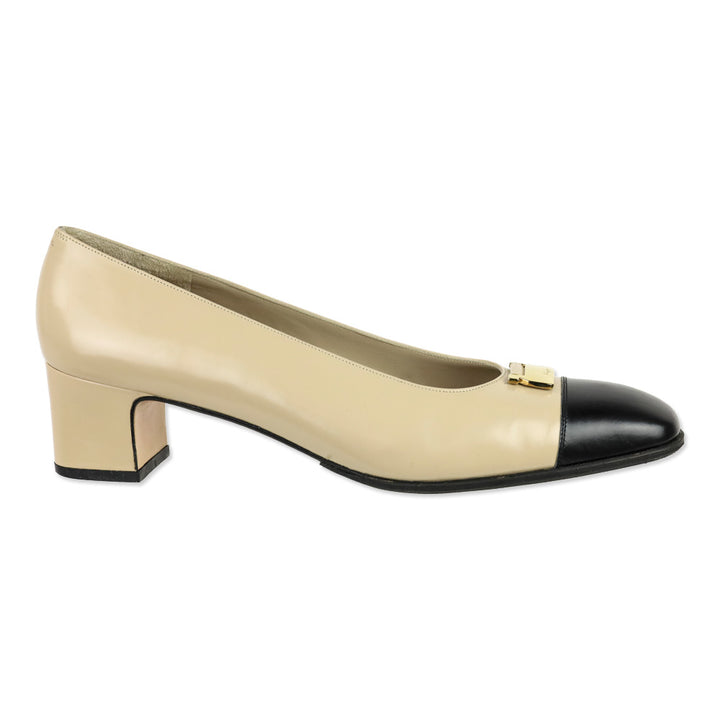 Salvatore Ferragamo Beige Leather Black Cap Toe Gold Accent Pumps