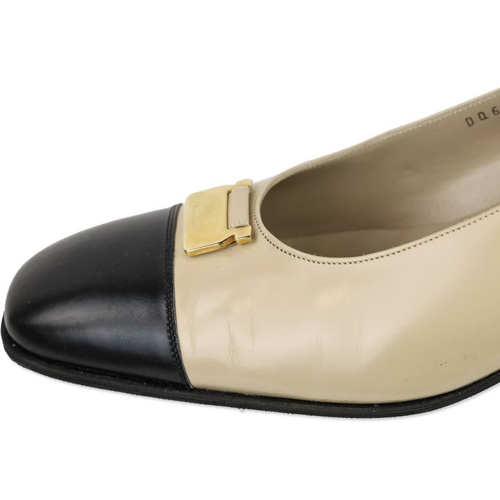 Salvatore Ferragamo Beige Leather Black Cap Toe Gold Accent Pumps