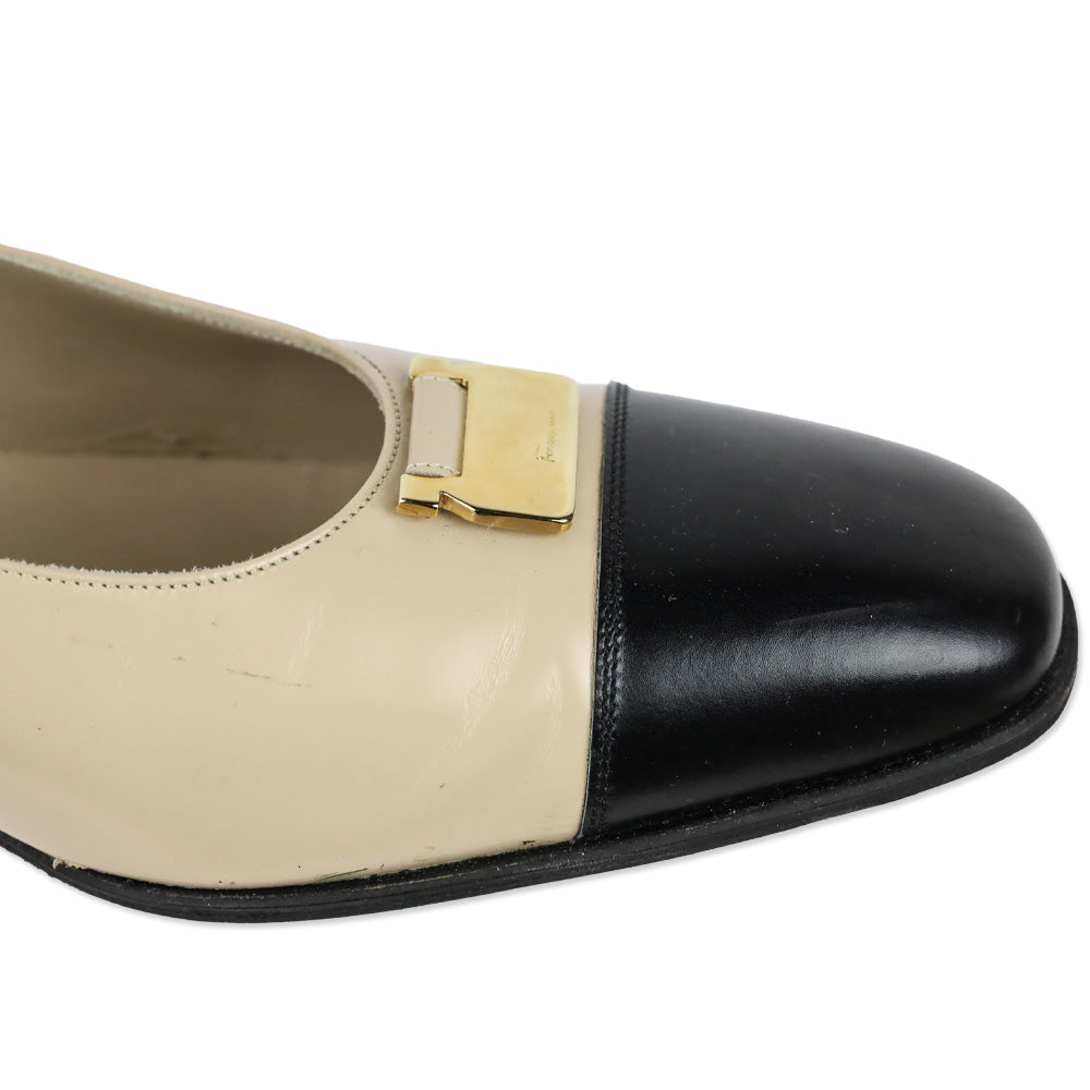 Salvatore Ferragamo Beige Leather Black Cap Toe Gold Accent Pumps